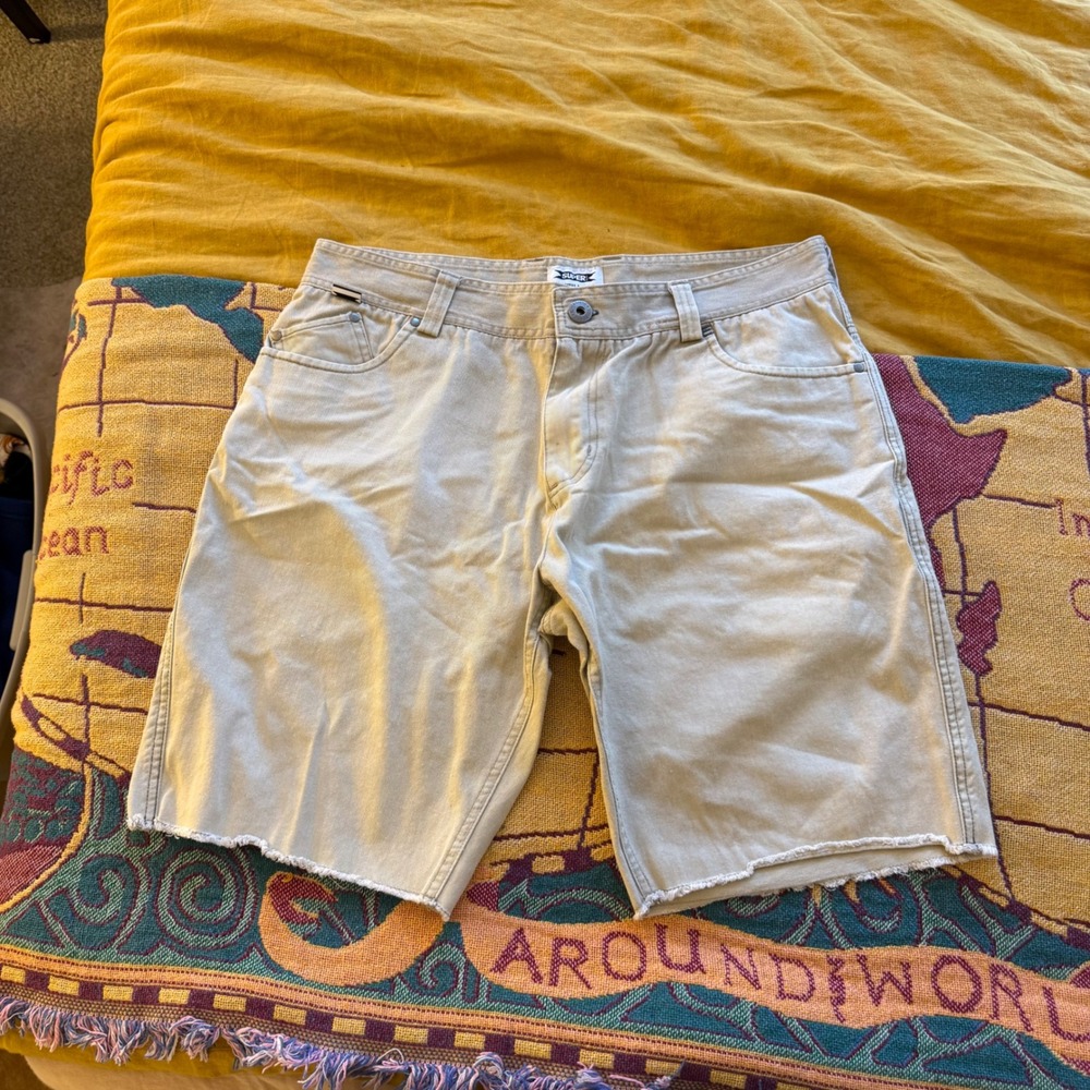 Superbrand Mens Khaki Denim Cut Off Surf Shorts Tan Size 34 Raw Hem Skate Casual